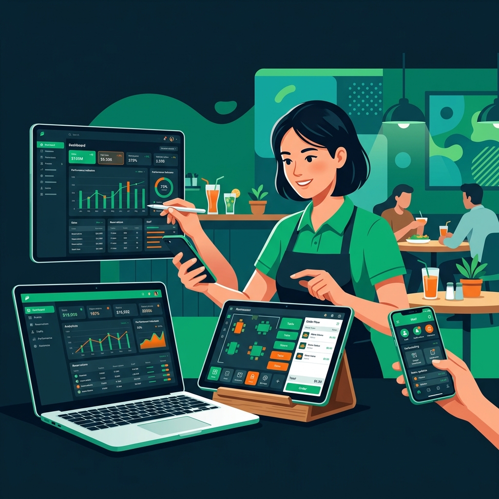 FoodFeast demo illustration showing multi-device restaurant management