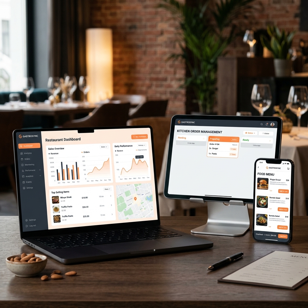 FoodFeast Multi-device mockup: dashboard, tablet, and smartphone display