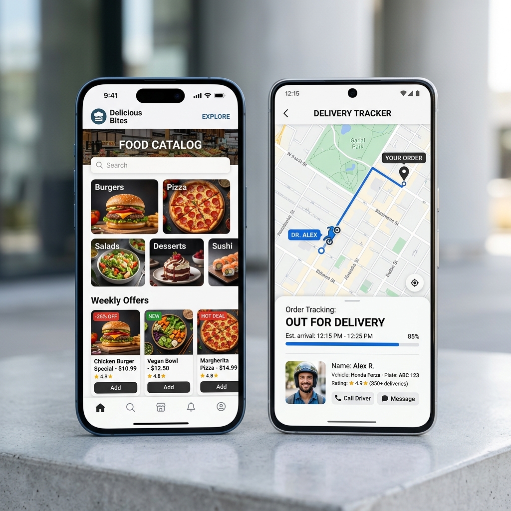 Two smartphones displaying customer food delivery and rider tracking screens