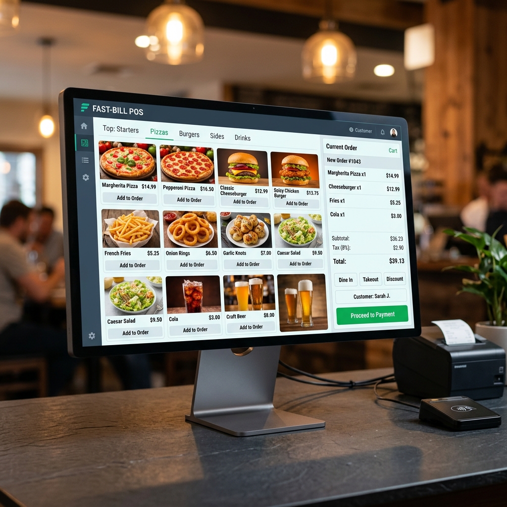 POS system displaying dynamic categories grid and shopping cart on desktop monitor