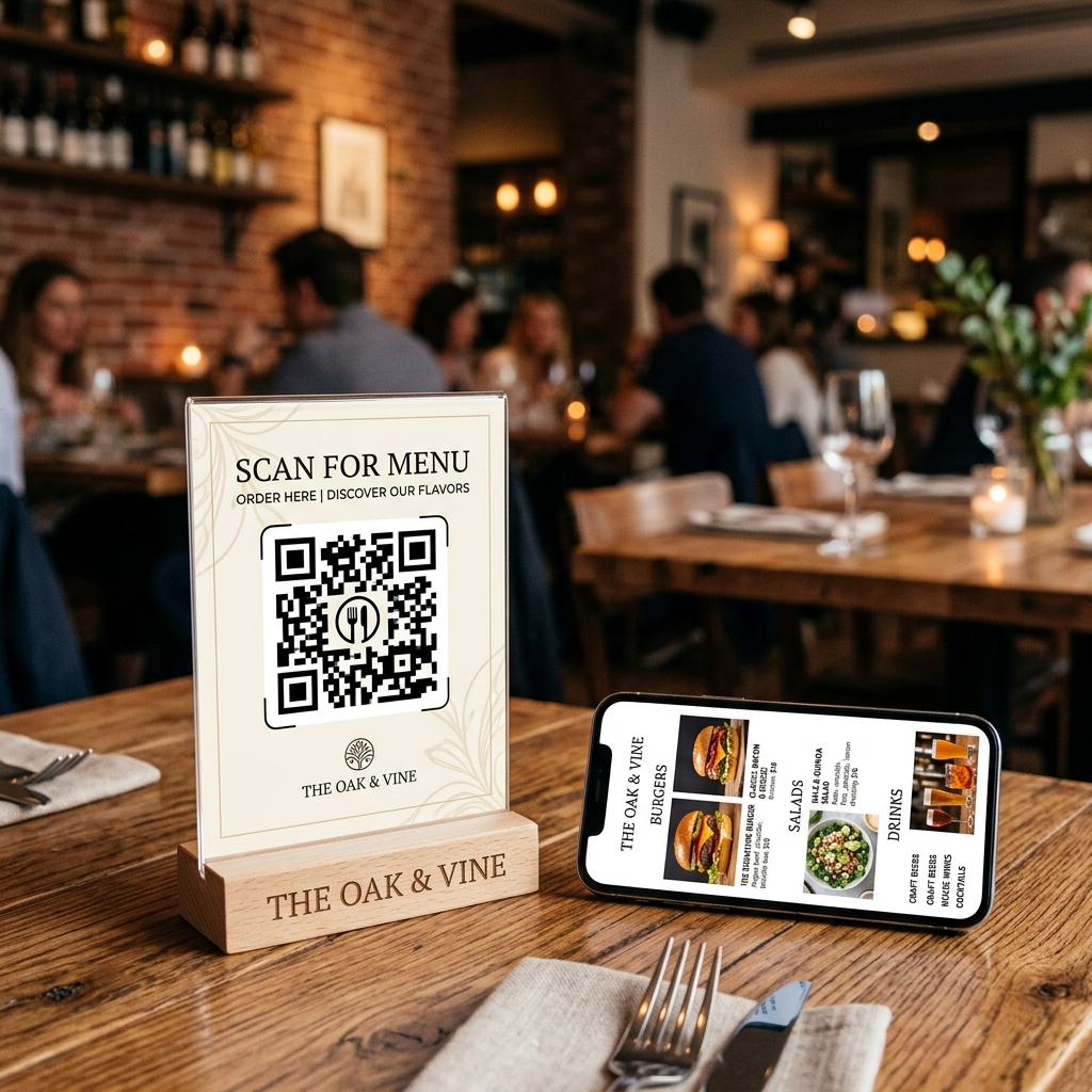 Table tent card displaying custom QR code next to phone menu